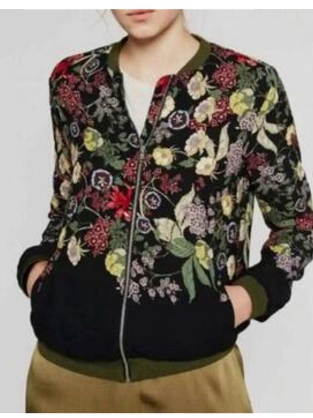 Zara Black Floral Embroidered Bomber Jacket with Olive Trim